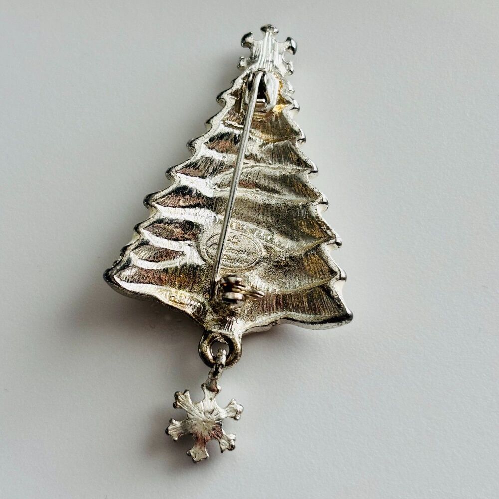 VINTAGE Christopher Radko Silver Tone Christmas Tree Brooch Dangle Snowflake - Picture 9 of 10